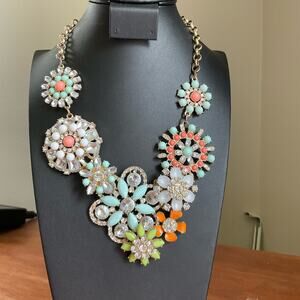 Green and coral floral rhinestone statement necklace